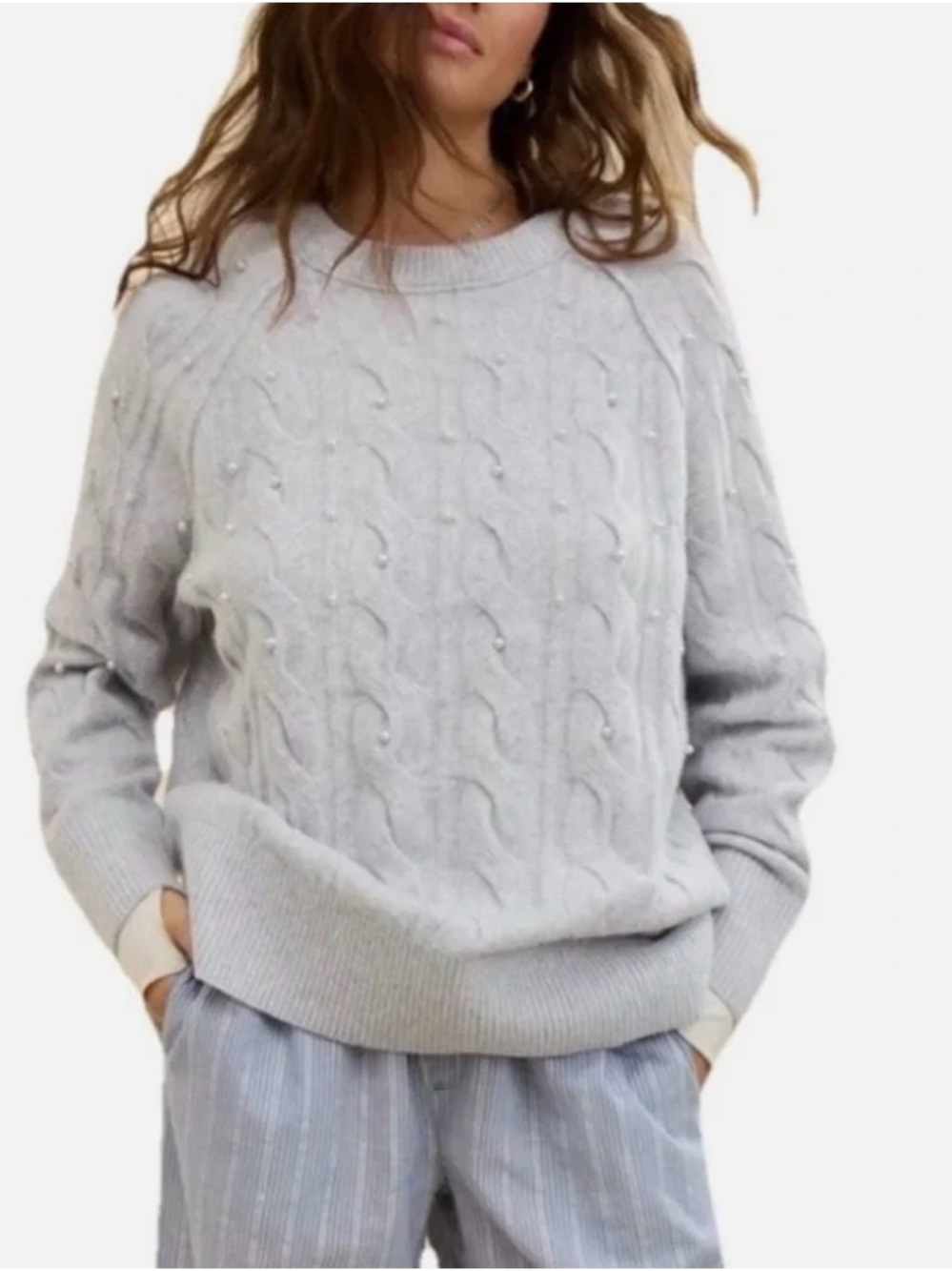 aerie Light Gray Pearl-Embellished Cable Crewneck Sweater